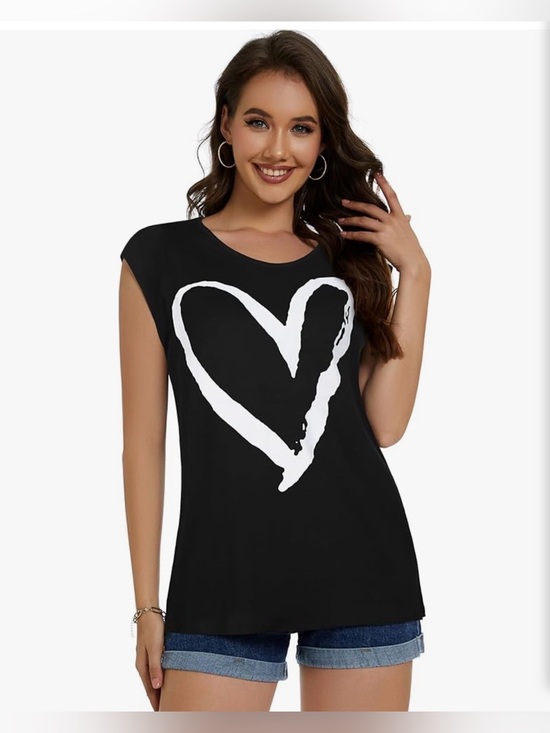 JOELLYUS Tops - Women’s Black Cap Sleeve Tee with White Heart Graphic